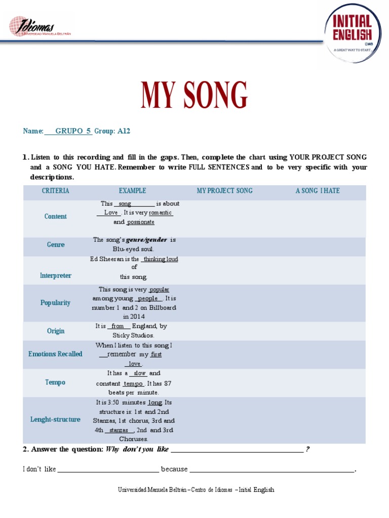 Analyze Your Favorite and Least Liked Songs | PDF | Language Arts ...