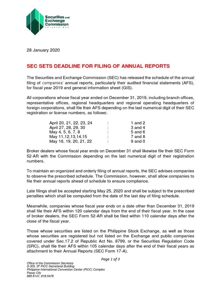 SEC Annual Report Filing Deadlines 2025 | PDF | U.S. Securities And ...