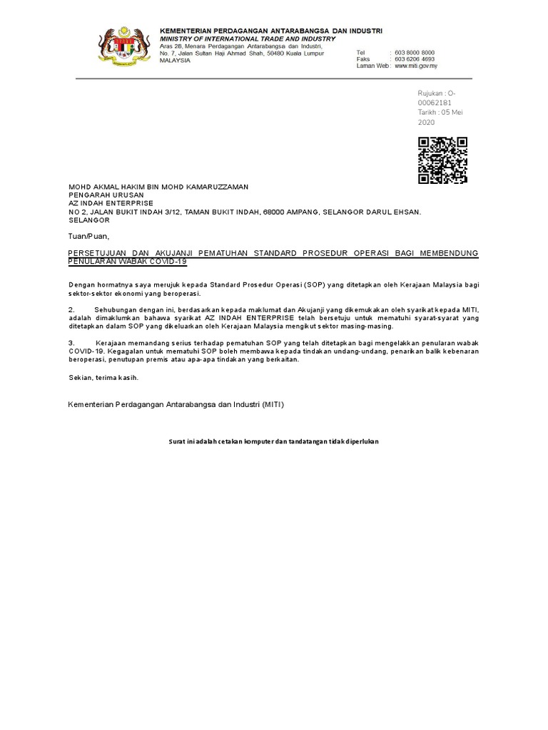 contoh surat penutupan syarikat