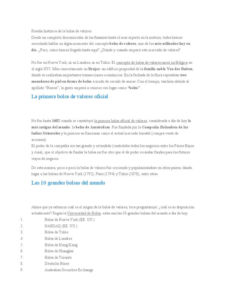 Historia de la Bolsa de Valores | PDF | Bolsa | Valores (Finanzas)