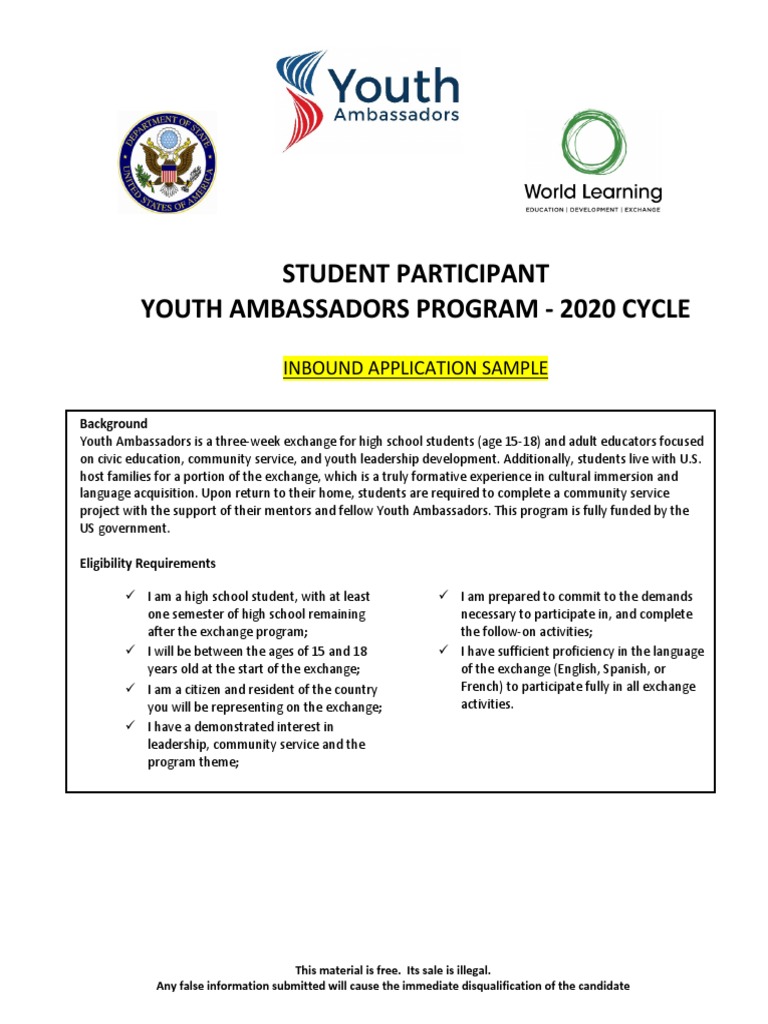 Youth Ambassadors - Inbound Student Application - 2020 PDF | PDF ...