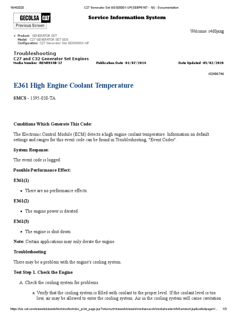 Troubleshooting E361 High Engine Coolant Temperature C27 Generator