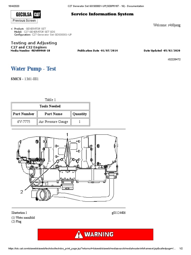 Water Pump Test C27 Generator Set GDS00001UP PDF Pressure Applied And