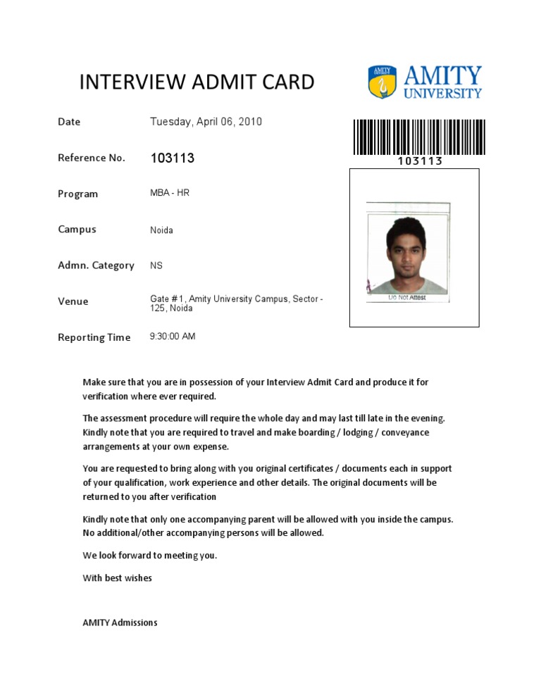 Amity University Interview Admit Card | PDF