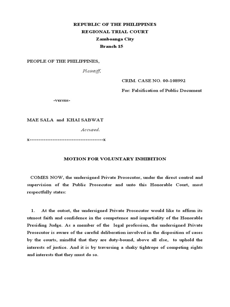 Motion for Voluntary Inhibition from Presiding Judge in the Criminal ...