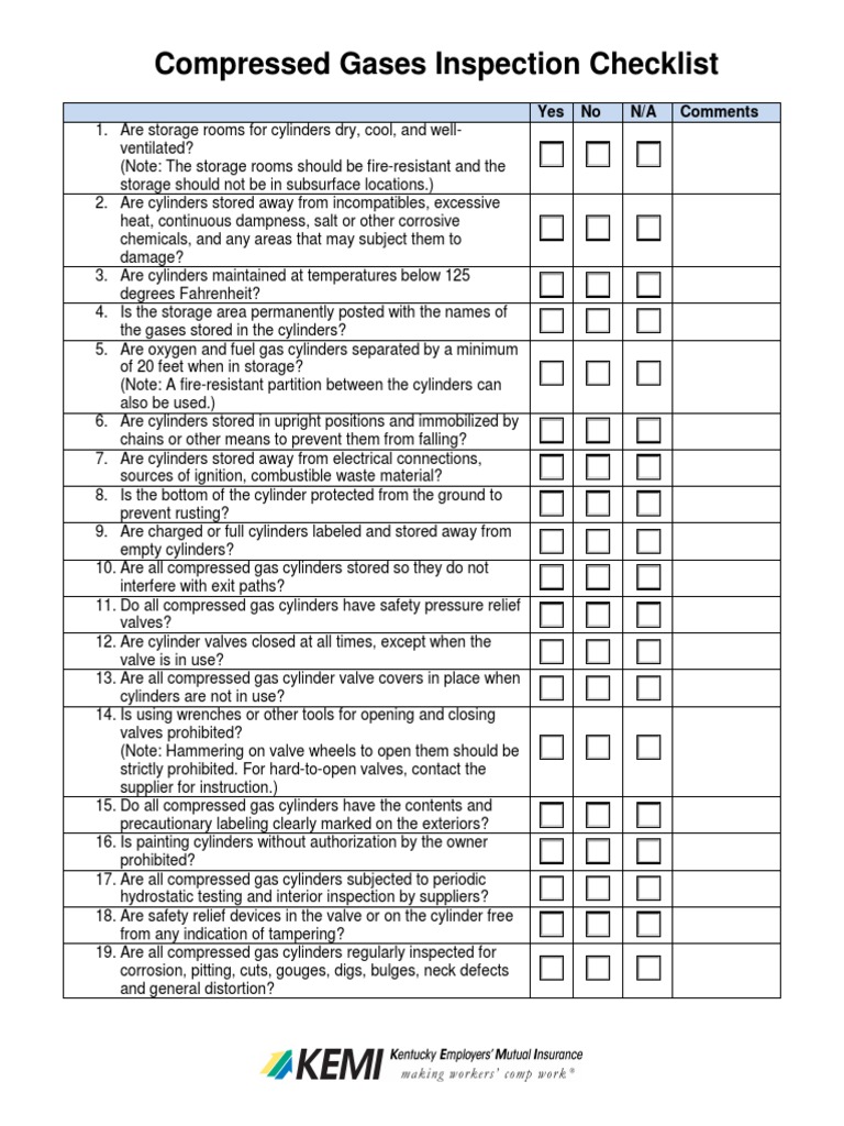 Compressed Gases Inspection Checklist Yes No N/A Comments PDF Leak