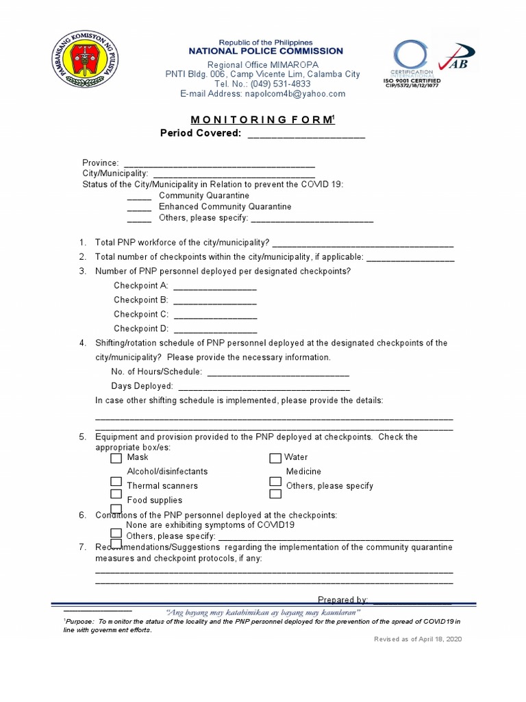 Monitoring Form Period Covered | PDF | Business
