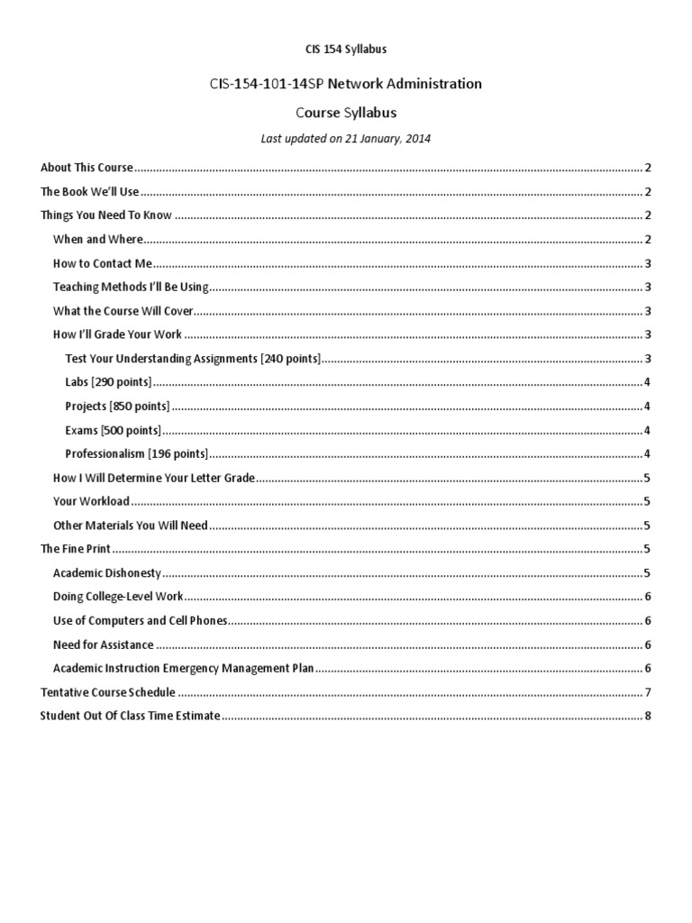 CIS15410114SP Network Administration Course Syllabus Last Updated