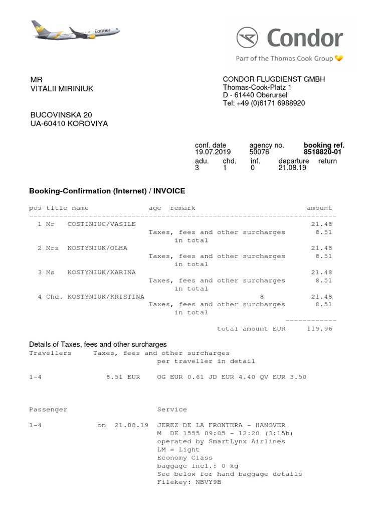 Condor Booking Confirmation & Invoice | PDF | Baggage | Economies
