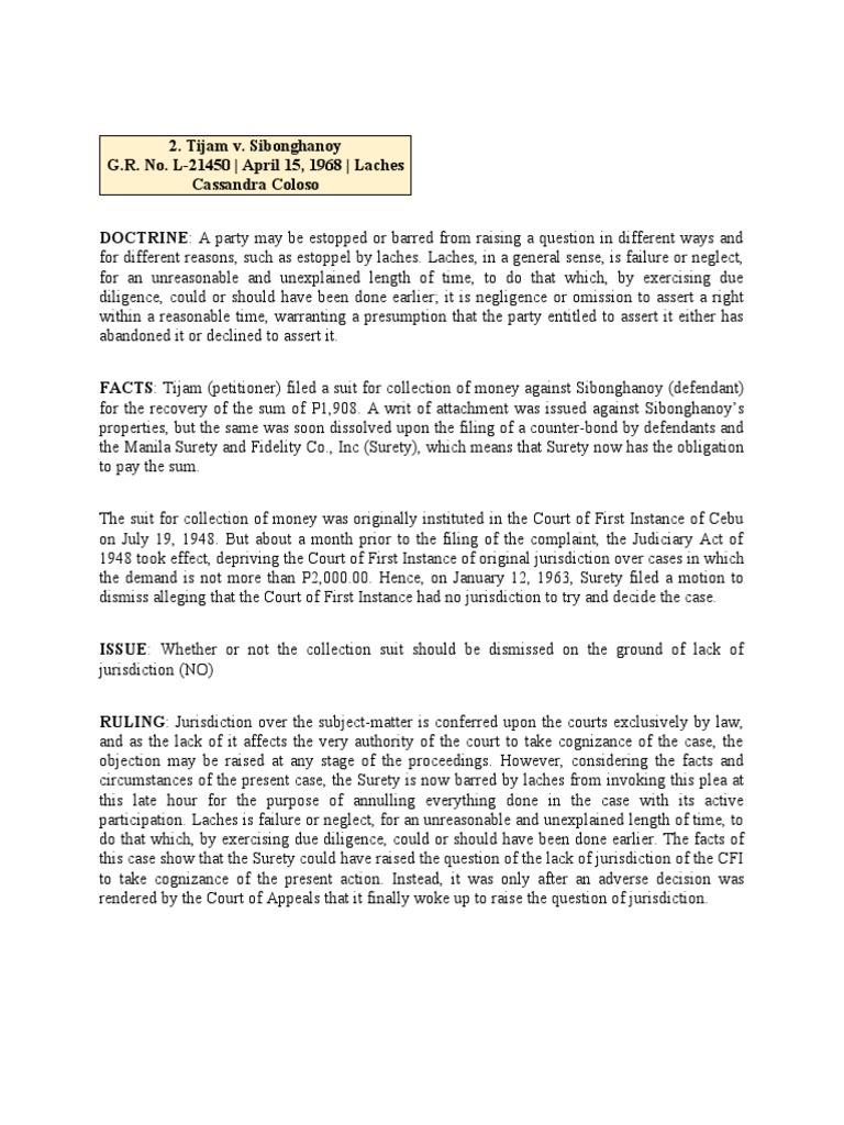 Tijam V Sibonghanoy Download Free PDF Laches (Equity) Estoppel
