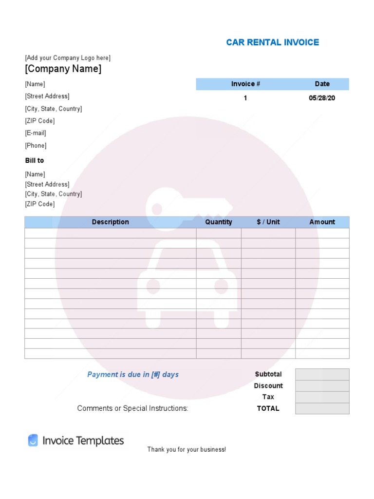 Car Rental Invoice Template PDF