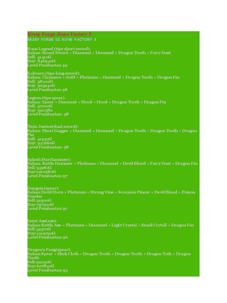 Rune Factory 3 Forge Recipes Guide | PDF | Sword | Blade