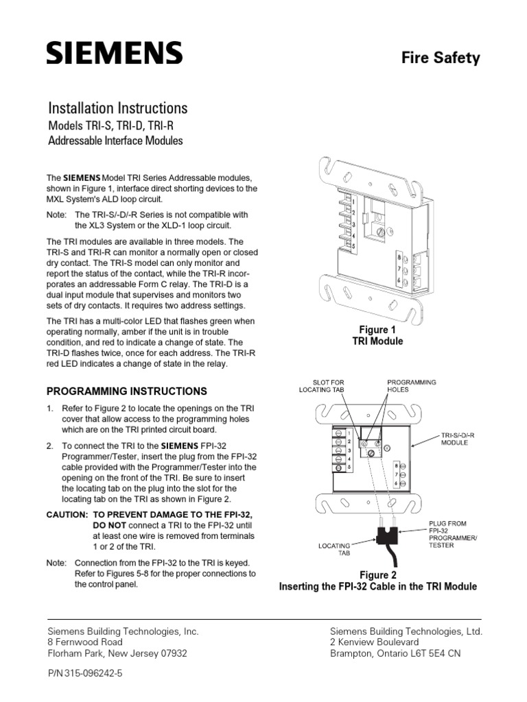 Fire Safety: Models TRI-S, TRI-D, TRI-R Addressable Interface Modules ...