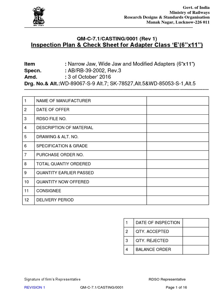 Adapter Class 'E' Inspection Plan | PDF | Metals | Chemistry