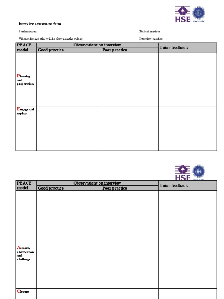 PEACE Model Interview Assessment Form | PDF