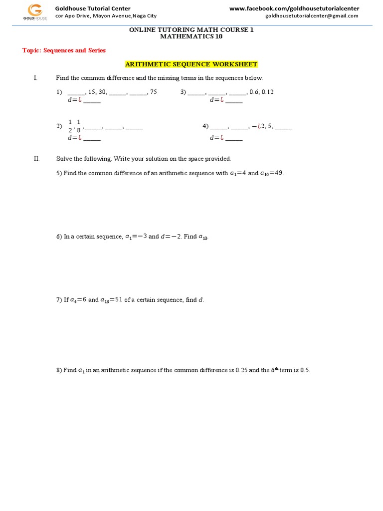 Arithmetic Sequence Worksheet | PDF | Teaching Methods & Materials ...