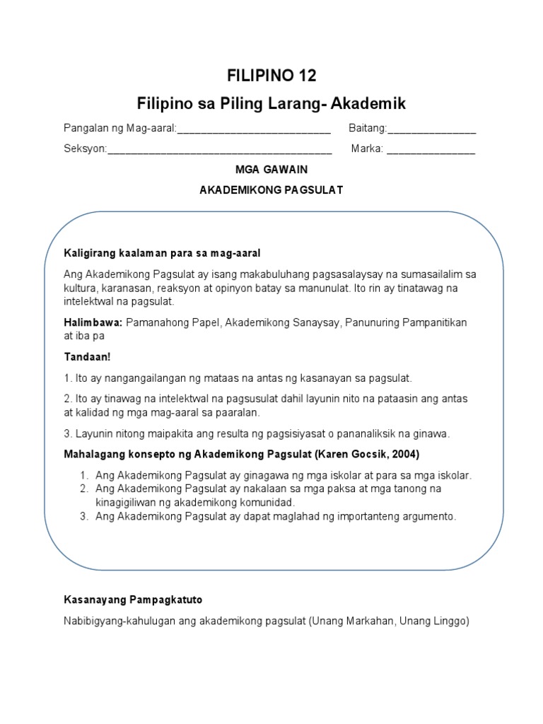 Filipino 12 Filipino Sa Piling Larang Akademik Mga Gawain Akademikong Pagsulat