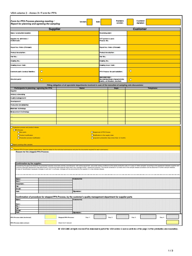Supplier Customer: VDA Volume 2 - Annex 3 / Form For PPA | PDF