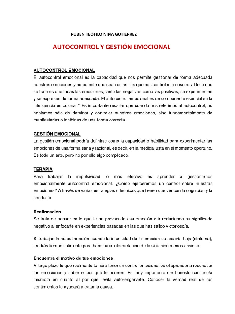 Autocontrol y Gestión Emocional | PDF | Inteligencia emocional | Las ...
