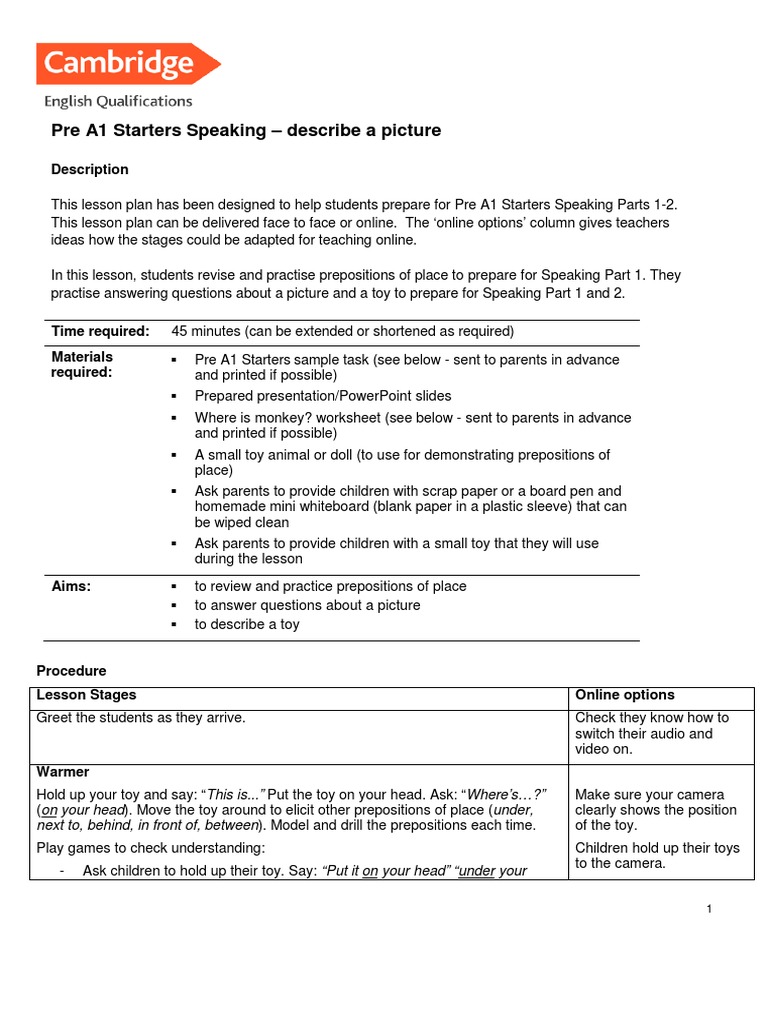 Online Teaching Pre A1 Starters Speaking Describe A Picture | PDF | Toys | Lesson  Plan