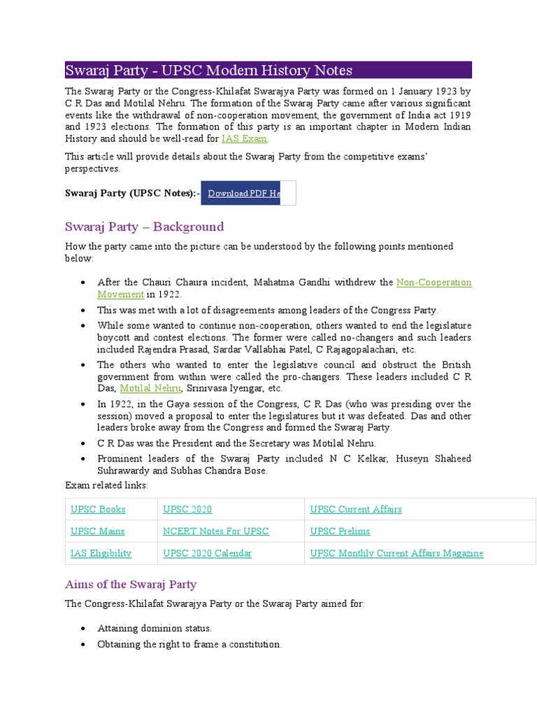 Swaraj Party UPSC Modern History Notes PDF South Asia Indian