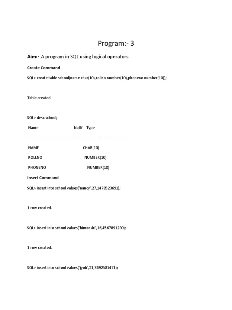 Program:-3: A Program in SQL Using Logical Operators | PDF | Data ...