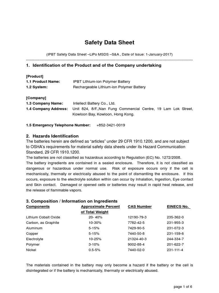 LiPo Battery Safety Data Sheet | PDF | Dangerous Goods | Fires