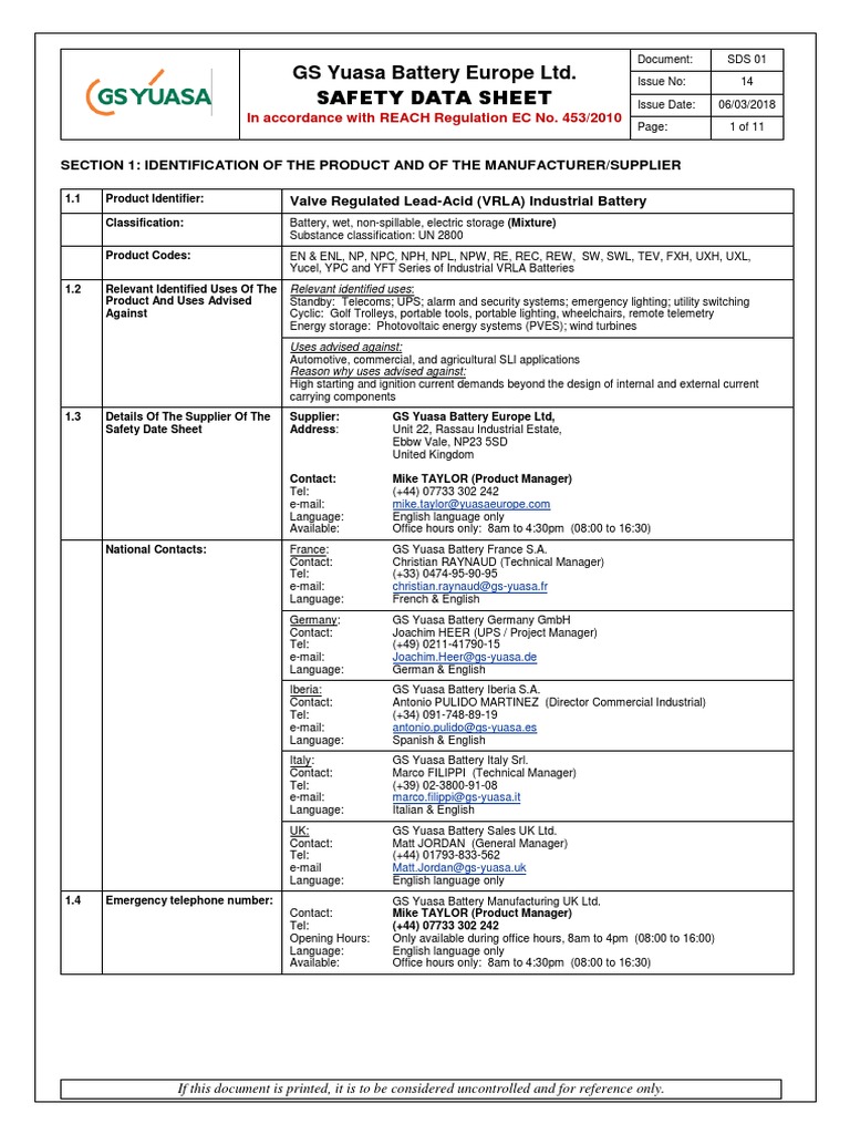 GS Yuasa Battery Europe Ltd. Safety Data Sheet PDF Solubility Lead