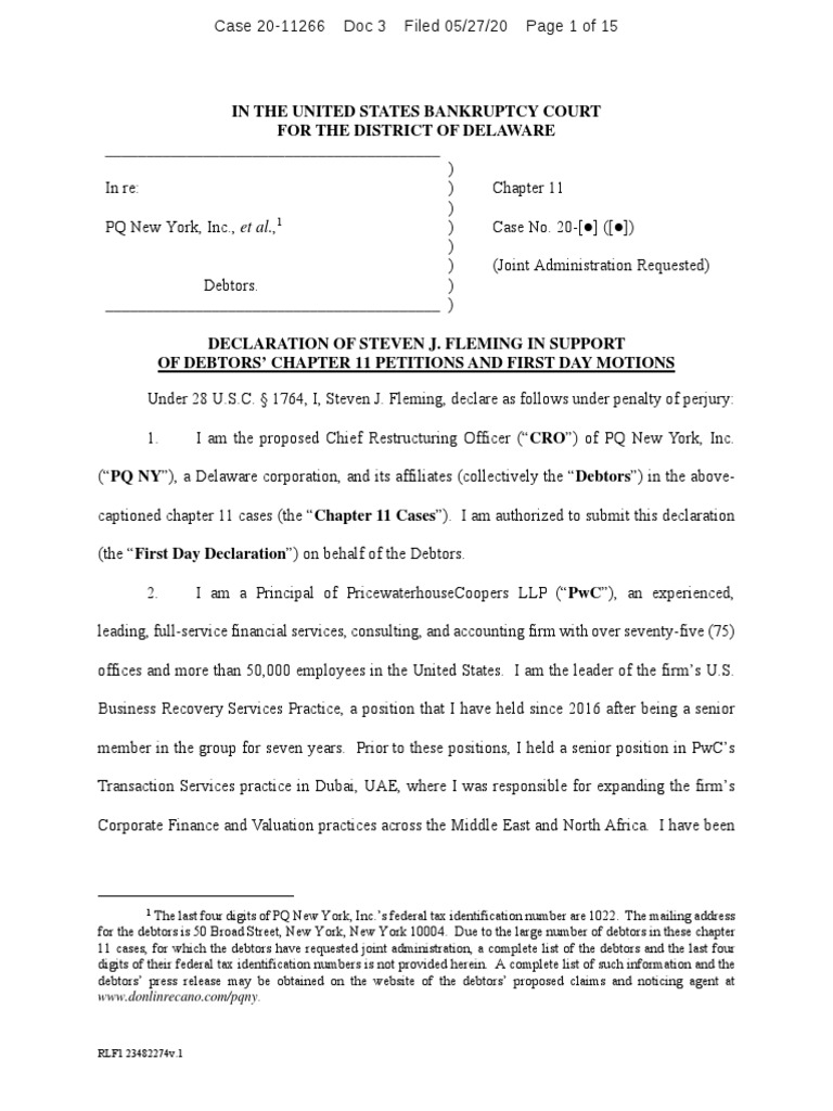 Le Pain Quotidien Declaration PDF Bankruptcy Chapter 11