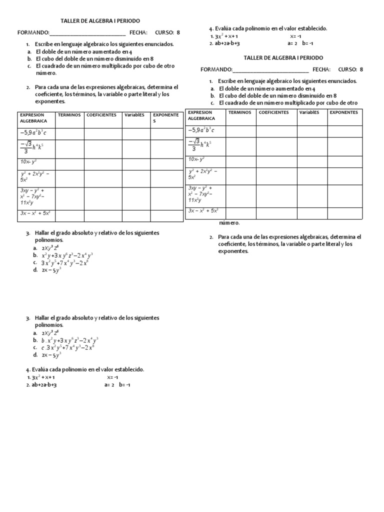 Taller Expresiones Algebraicas | PDF | Relaciones matematicas | Objetos ...
