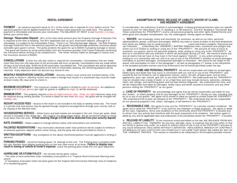 Rental Agreement & Release of Liability | Insurance | Damages