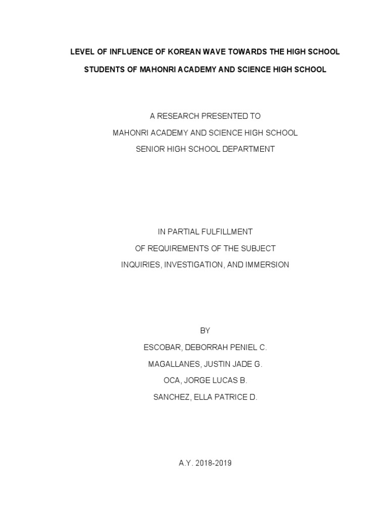 Level of Influence of Korean Wave Towards The High School Students of