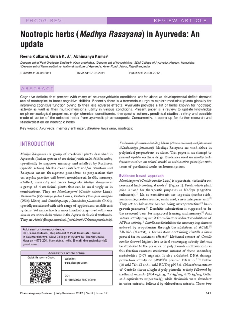Nootropic Herbs (Medhya Rasayana) in Ayurveda An Update Phcog Rev