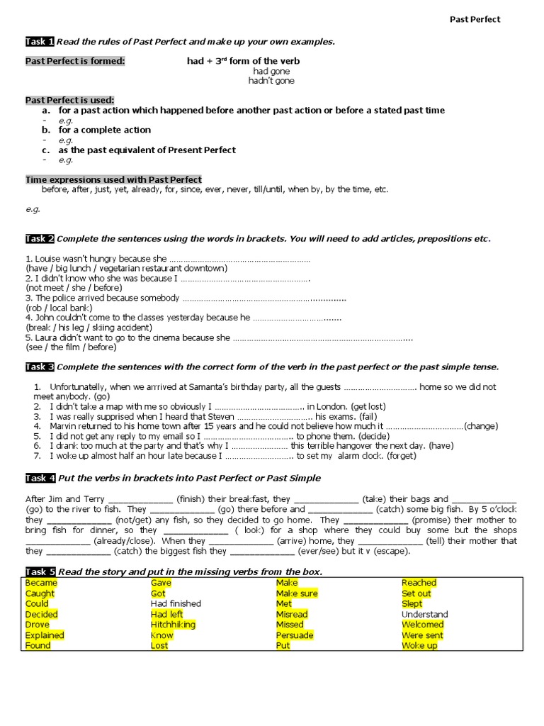 Past Perfect Tense Reading Exercises | PDF | Linguistic Typology ...