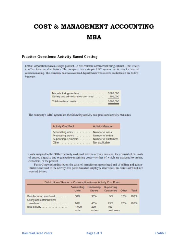Cost & Management Accounting MBA: Practice Questions: Activity-Based ...