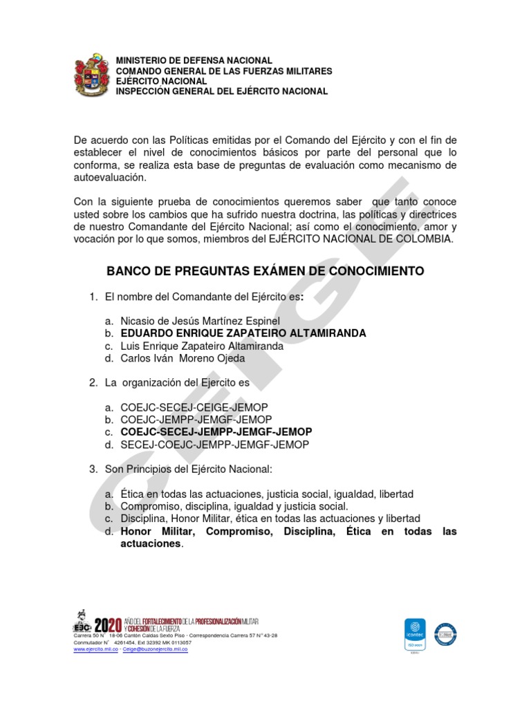 Banco de Preguntas Conocimientos Generales | PDF | Servicio militar |  Ciencia militar, image size:768x1024