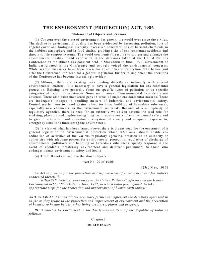 The Environment (Protection) Act, 1986 Statement of Objects and