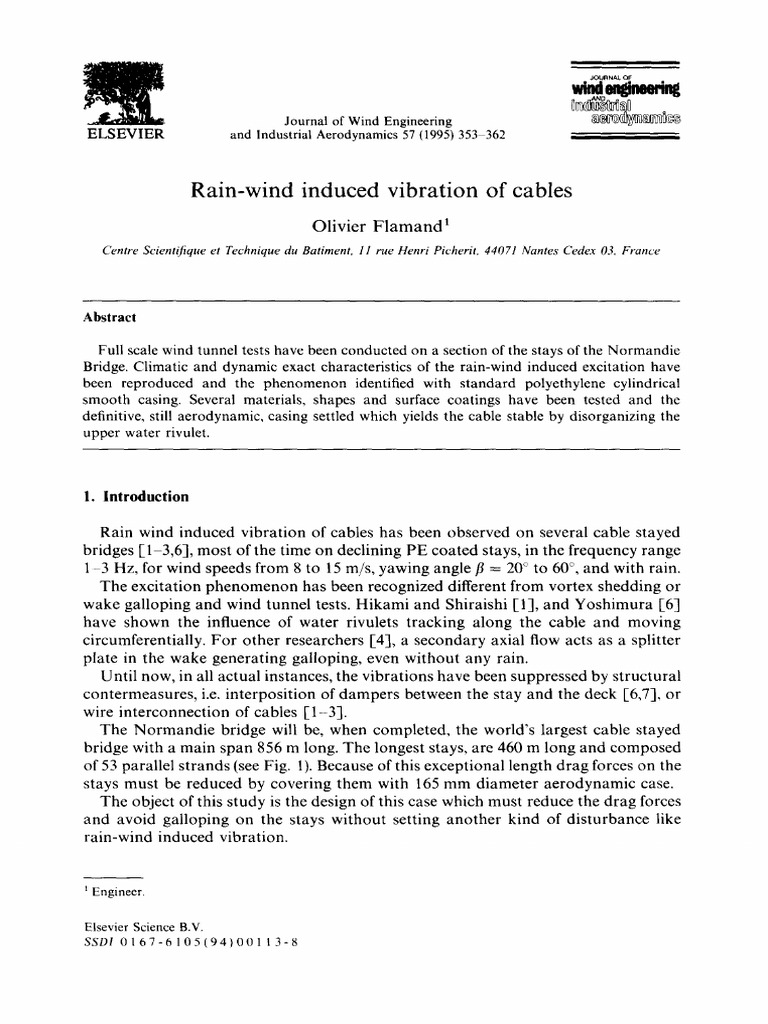 Flamand, Rain-Wind Induced Vibration of Cables - JE | PDF | Wind Tunnel ...
