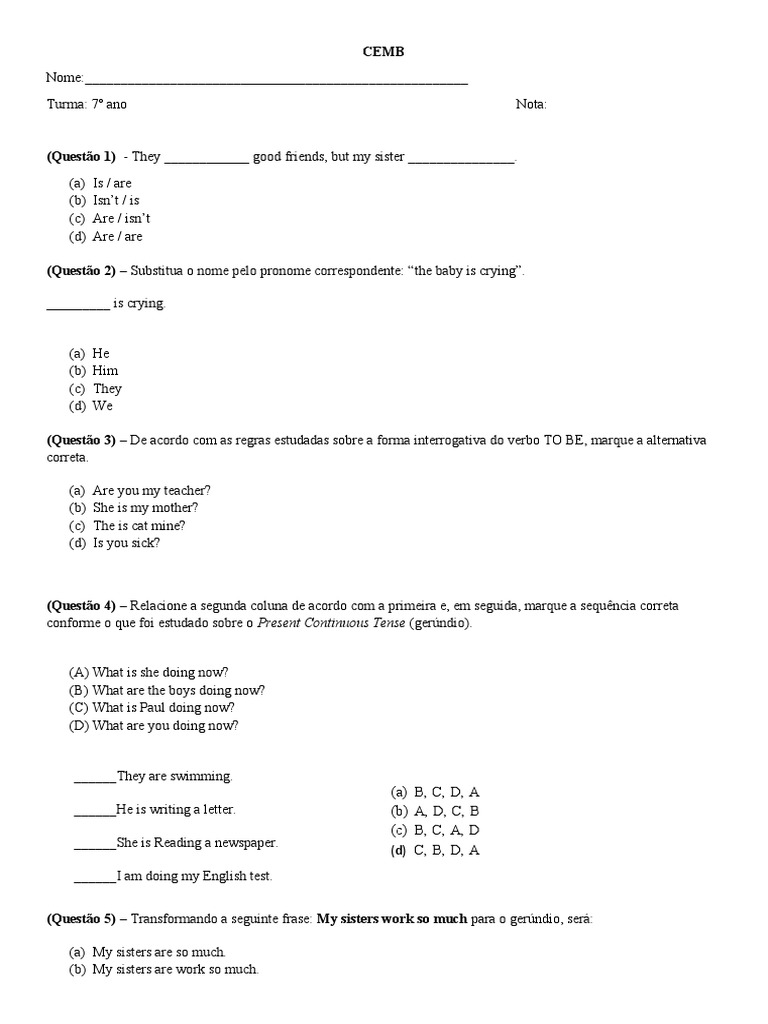 Prova de Inglês 7º Ano: Questões e Gabarito | PDF
