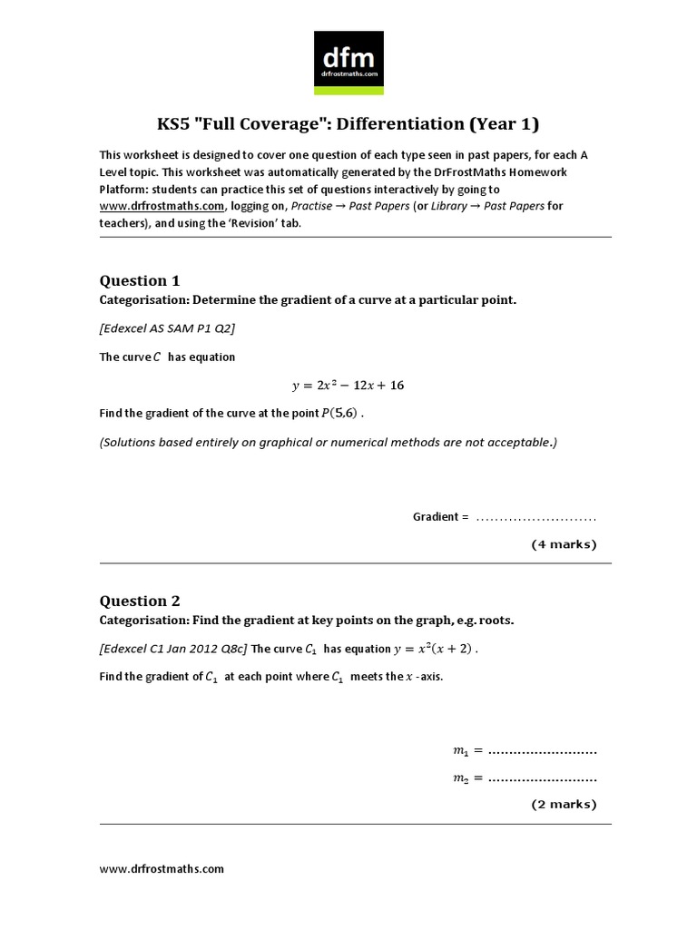 A Level Differentiation Practice Worksheet | PDF | Tangent | Gradient