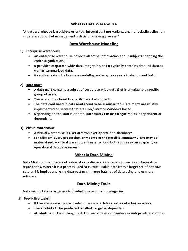 What Is Data Warehouse: 1) Predictive Tasks | PDF | Data Warehouse ...