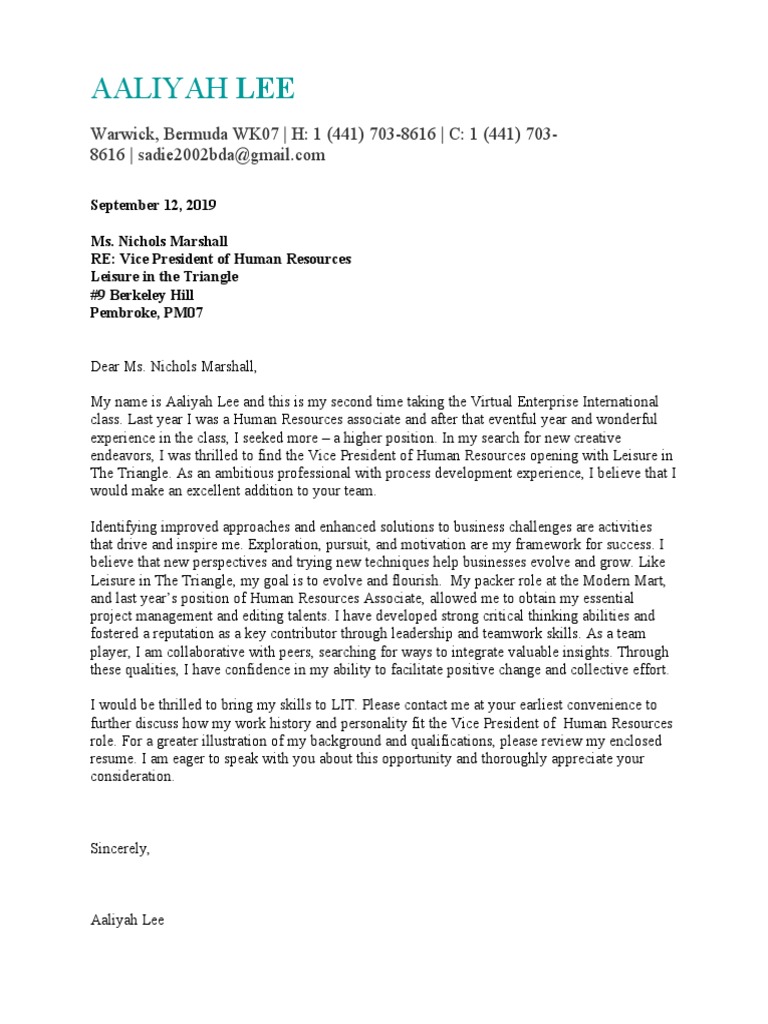 Aaliyah Lee's HR VP Application Letter | PDF