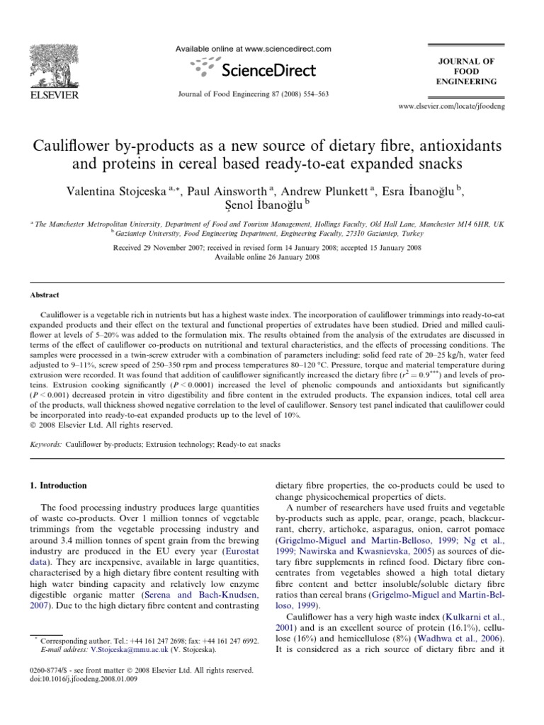 Cauliflower ByProducts as a New Source of Dietary Fibre, Antioxidants