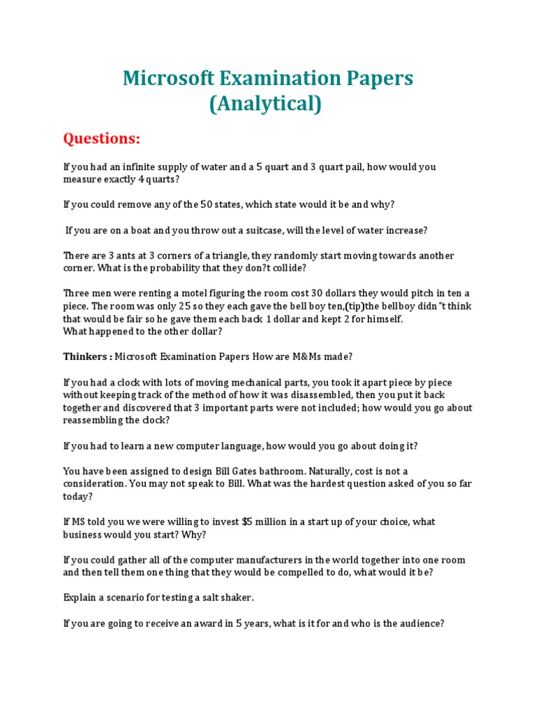 Microsoft Examination Papers (Analytical) : Questions | PDF | Career ...