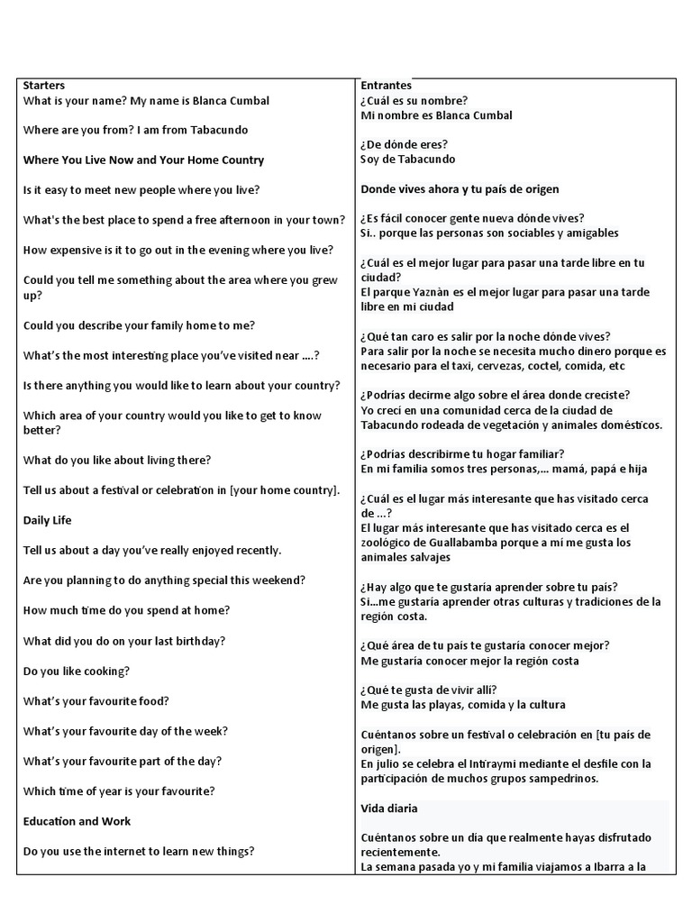Preguntas FCE Speaking Parte 1 | PDF | Science | Ciencia y Tecnología