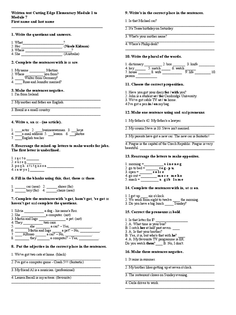 Written Test Cutting Edge Elementary Module 1 To Module 7 Pdf Pdf