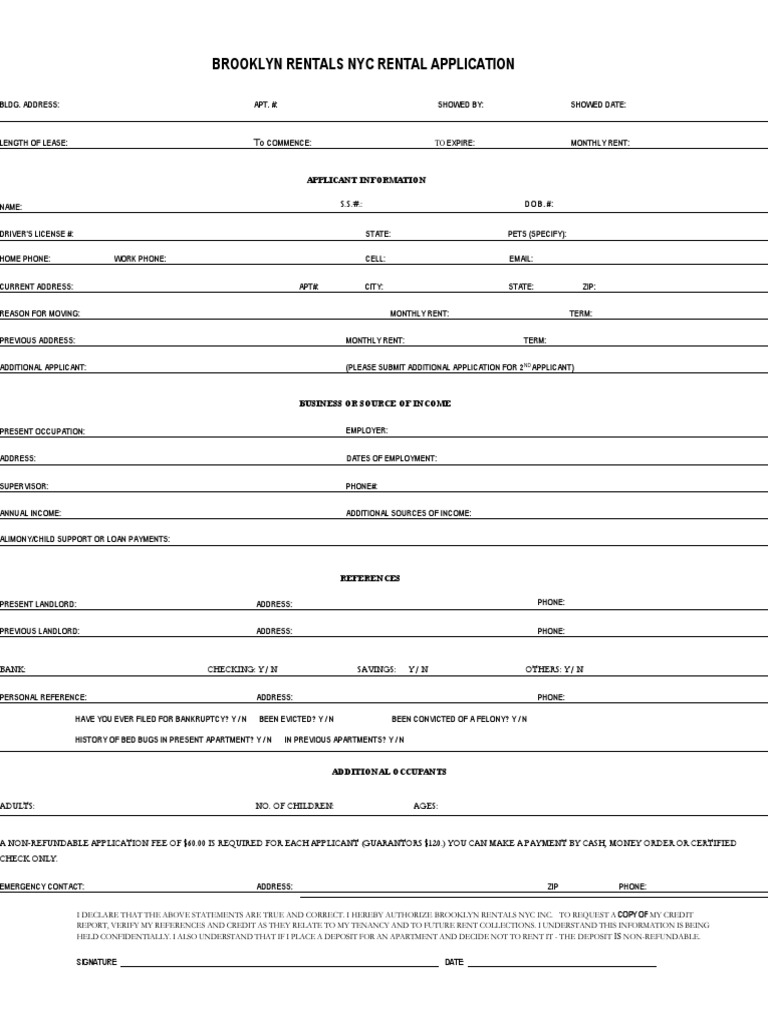 Brooklyn Rentals Nyc Rental Application Applicant Information PDF