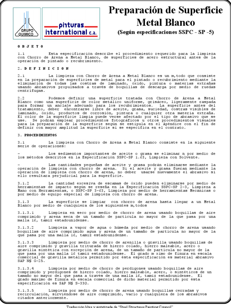 Preparacion De Superficie Metal Blanco Segun Especificaciones Sspc Sp 5 Pintar Hierro