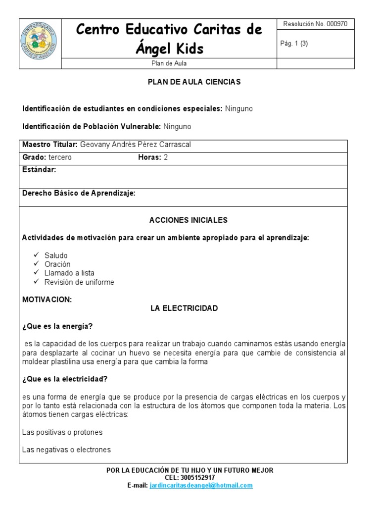 Plan de Aula: Electricidad para Tercero | PDF | Aislador (Electricidad ...
