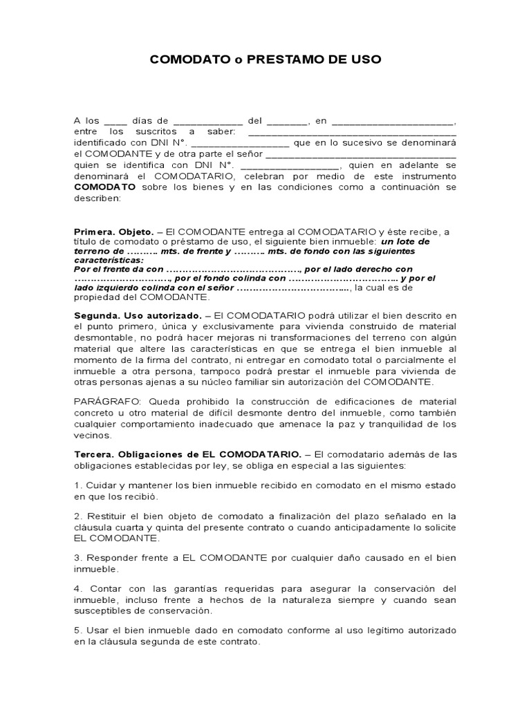 COMODATO o PRESTAMO DE USO | PDF | Derecho contractual | Derecho privado